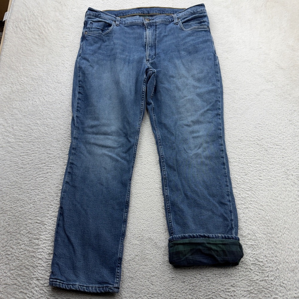 LL Bean Mens Flannel Lined Jeans 38x30 Blue Plaid Insulated Straight 523715